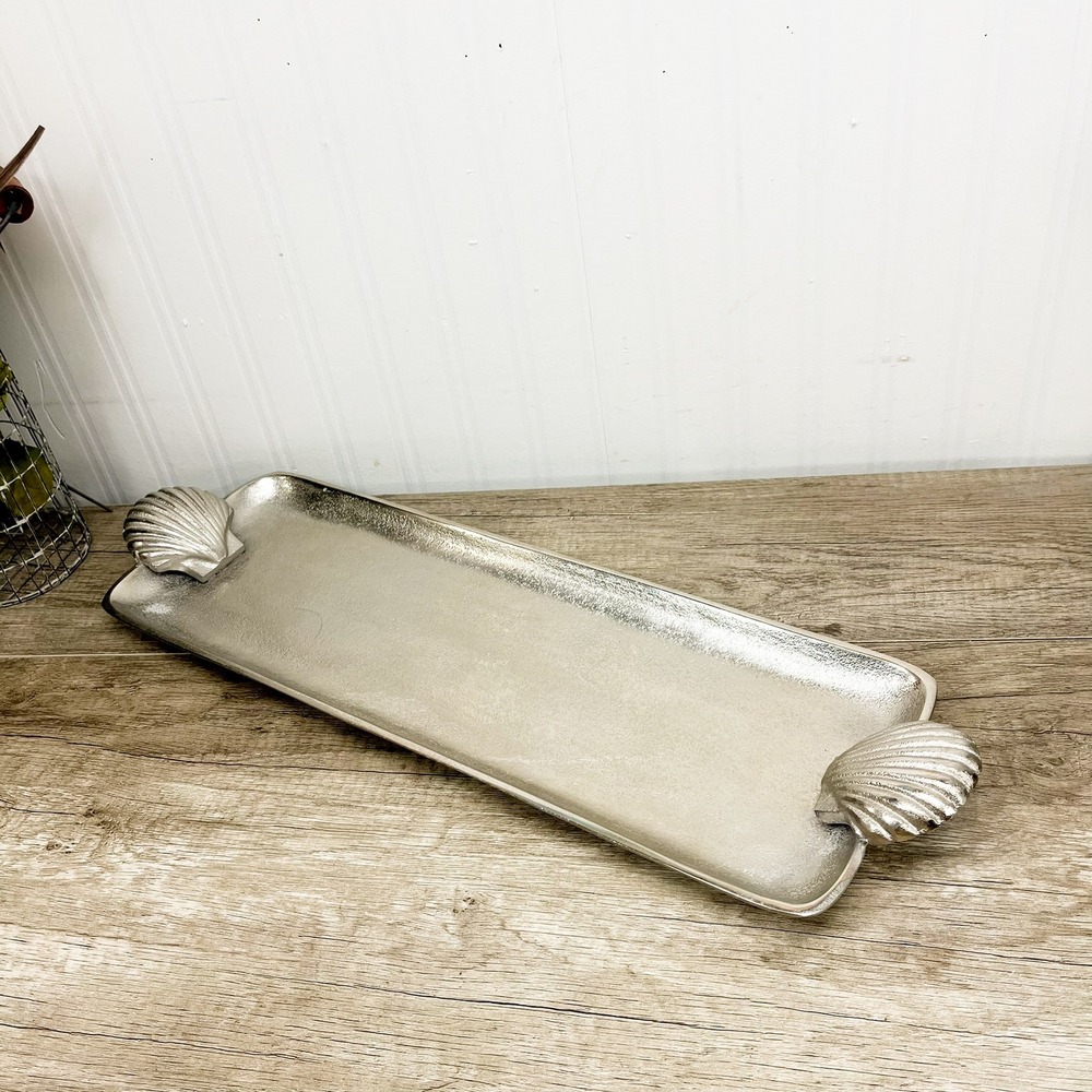 Vintage Shell Handled Silver Tray, Aluminum Serving Platter - Picture 9 of 12